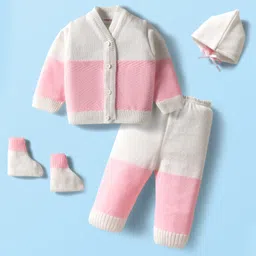 Babyhug Knit Full Sleeves Color Blocked Front Open Sweater Set with Pair of Mittens & Cap - Pink & White-picture-13