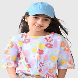 Bonkids Cotton Knit Three Fourth Sleeves Floral Printed Tee - Blue & Pink-picture-10