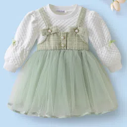 Mark & Mia Full Sleeves Frock with Mesh & Lace Detailing & Pearl Embellishment - Light Green & White-picture-27