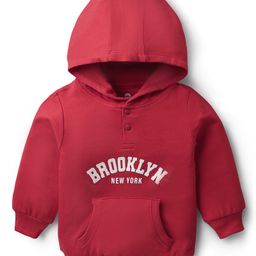 Doodle Poodle 100% Cotton Knit Full Sleeves Hooded Sweatshirt With Brooklyn Print & Kangaroo Pockets - Red-picture-5