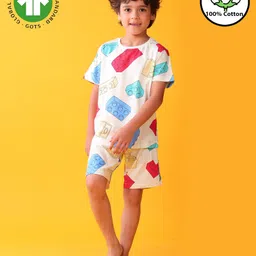 Anthrilo 100% Cotton Knit Half Sleeves Blocks Printed Coordinating Night Suit Set - White-picture-12