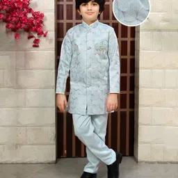 BT DEZINES Satin Woven Full Sleeves Floral Printed Threadwork Detailed Sherwani Set - Sky Blue-picture-14