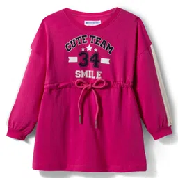 kookie kids india Kookie Kids Single Jersey Knit Full Sleeves Cut & Sew Dress with Cute Team Text Print & Waist Drawcord - Dark Pink-picture-22