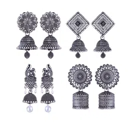 DIVASTRI Set Of 4 Silver-Plated Peacock Shaped Oxidised Jhumkas image 1