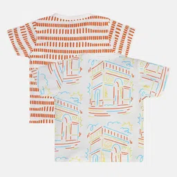 MINI KLUB Cotton Pack Of 2 Half Sleeves Domino & Monuments Printed Jhablas - Orange & White image 3