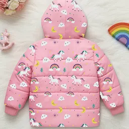 Trampoline Knit Full Sleeves Rainbow & Unicorn Printed Light Winter Hooded Puffer Jacket - Pink image 3