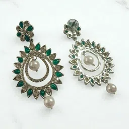 INDIAURA MODE Silver-Plated Artificial Stones Studded & Beaded Floral Drop Earrings image 3