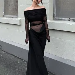 KPOP Solid Off-Shoulder Long Sleeves Maxi Bodycon Polyester Dress image 3