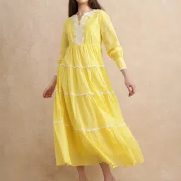 RAREISM Mustard Cotton Solid Long Sleeves Dress image 1