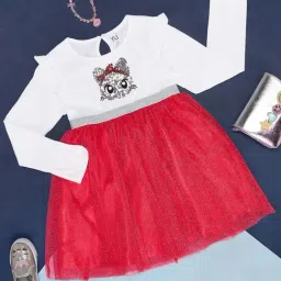 YU by Pantaloons Kids White & Coral Cotton Embellished Full Sleeves Dress-image-90