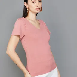 Code by Lifestyle Pink V Neck Knitted Top image 3