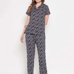 Clovia Blue Cotton Floral Print Shirt Pyjamas Set image 3