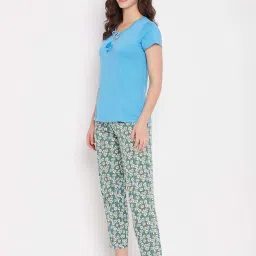 Clovia Blue & Green Cotton Floral Print Top Pyjamas Set image 3