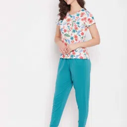 Clovia White Cotton Floral Print Top Pyjamas Set image 3