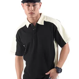 Beyoung Men Black Textured Color Block Polo T-Shirt-image-13