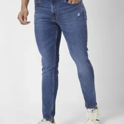 Spykar Mid Blue Cotton Slim Fit Distressed Jeans image 3