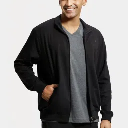Jockey 2730 Black Combed Cotton French Terry Jacket with Ribbed Cuffs & Convenient Side Pocket image 1