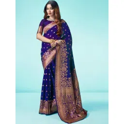 Satrani Royal Blue Woven Saree With Unstitched Blouse image 1