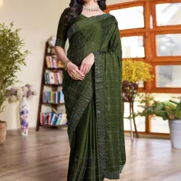 Satrani Mehendi Green Embellished Saree With Unstitched Blouse image 1