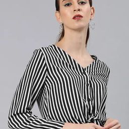 Sera Black & White Striped Front Knot Crop Top-picture-49