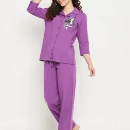 Clovia Purple Cotton Printed Shirt With Pyjamas-image-9