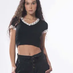 VIRGIO Black Viscose Solid Short Sleeves Top-image-8