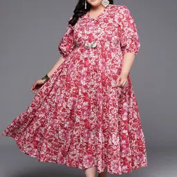A PLUS BY AHALYAA Plus Size Floral Printed Puff Sleeves Pure Cotton Maxi Ethnic Dress image 3