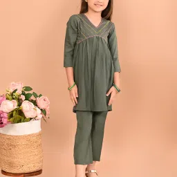 LilPicks Kids Sage Green Embroidered Kurta with Pants image 1