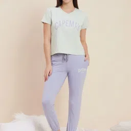 Sweet Dreams Green & Purple Cotton Printed T-Shirt Pyjamas Set image 1
