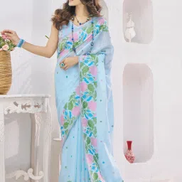 Mysilklove Blue Linen Saree With Unstiched Blouse image 1