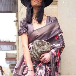 Saree Mall Brown Silk Floral Print Saree With Unstitched Blouse image 3