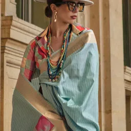 Saree Mall Blue Silk Woven Saree With Unstitched Blouse image 3