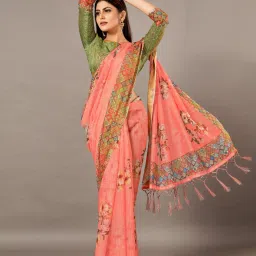 Saree Mall Peach Linen Floral Print Saree With Unstitched Blouse image 3