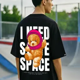 Bewakoof Men's Black I Need Some Space Teddy Graphic Printed Oversized T-Shirt-picture-21