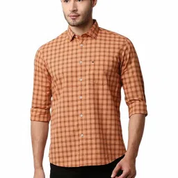 Basics Orange Slim Fit Checks Shirt image 1