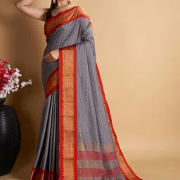 Satrani Grey Chequered Saree With Unstitched Blouse image 1