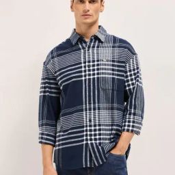 The Bear House Blue Cotton Relaxed Fit Checked Shirt-picture-4