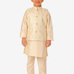 Pro-Ethic Style Developer Kids Off White Printed Full Sleeves Kurta, Waistcoat with Pyjamas-picture-34