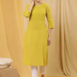 W Yellow Cotton Embroidered Straight Kurta-picture-40