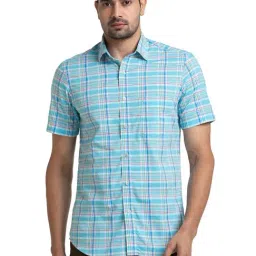 ColorPlus Blue Cotton Tailored Fit Checks Shirt-image-64