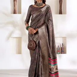 Satrani Walnut Brown Floral Print Saree With Unstitched Blouse-image-27