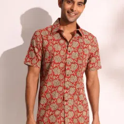 Fabindia Red Cotton Straight Fit Print Casualshirts-image-59