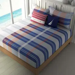 NAUTICA Ocean View Blue & Red Cotton 160 TC King Bedsheet with 2 Pillow Cover-picture-11