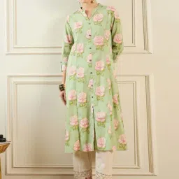 Indo Era Green Cotton Printed A Line Kurta-image-11