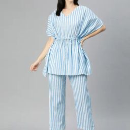 Cottinfab Blue Cotton Striped Kaftan With Trousers-picture-40