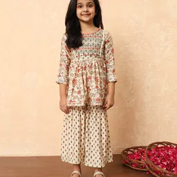 READIPRINT Three Fourth Sleeves Floral Printed Silk Kurta &  Sharara -  Cream-picture-19