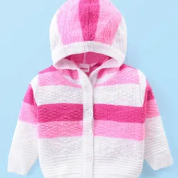 Babyhug Knitted Full Sleeves Front Open Hooded Sweater with Stripes Design - Pink-picture-22