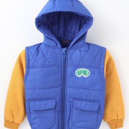 Little Kangaroos Knit Full Sleeves Hooded Padded Winter Jacket With Pockets - Royal Blue & Yellow-picture-29