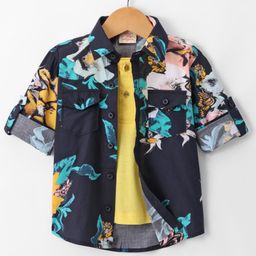 Rikidoos Full Sleeves Floral Printed Shirt With Attached Tee - Navy Blue & Grey-picture-5