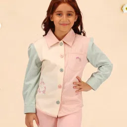 Cutecumber Full Sleeves Floral Embroidered Shirt Style Top - Peach-image-15